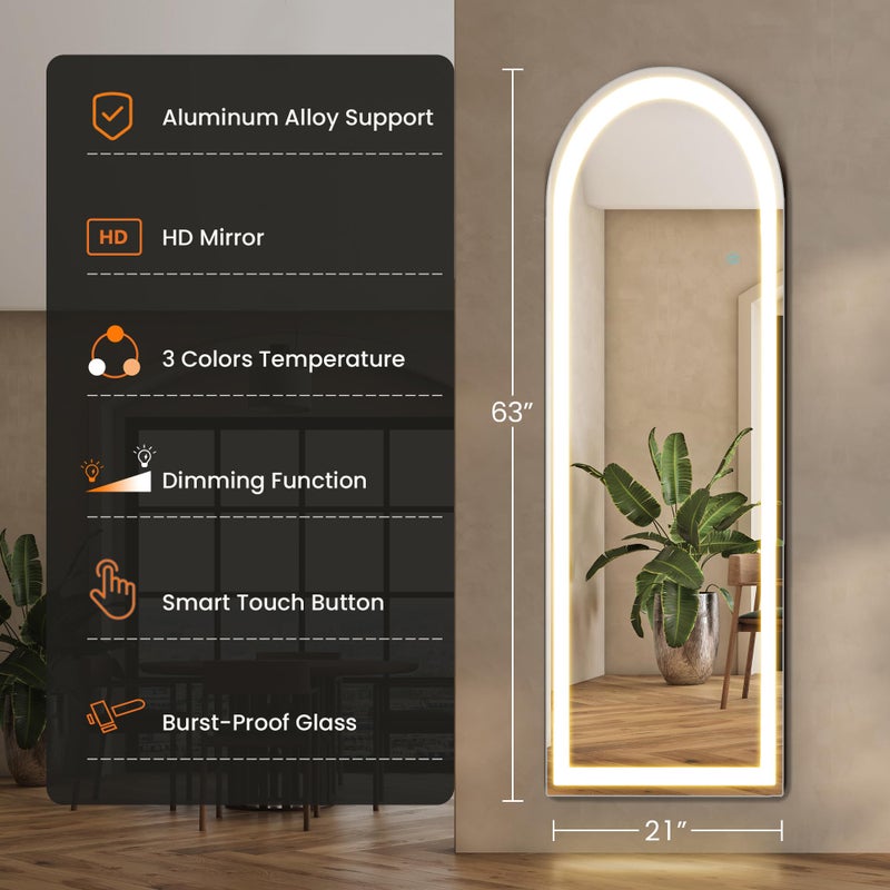 Alpen Full Length Mirror with LED Lights, 63" x 21" Arched Floor Mirror with Dimming & 3 Color Lighting, LED Body Mirrors for Home Decor, Tall Arch Aluminum Frame Mirrors for Bedroom Cloakroom - Image 2