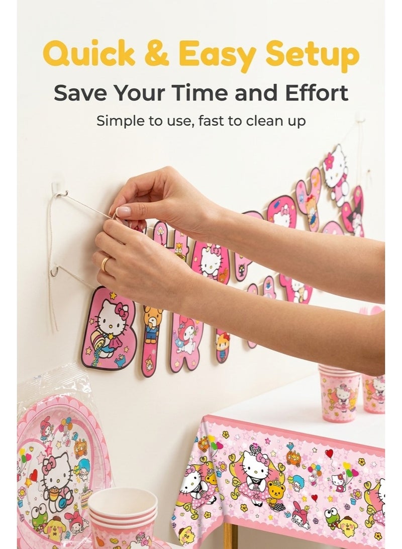 92 Pcs Lovely Cartoon Birthday Party Supplies Pink Party Decoration set including Banner Tablecloth Paper Cups Napkin Knives Forks and Spoons Straws Plates for kids teens friends women - Image 4