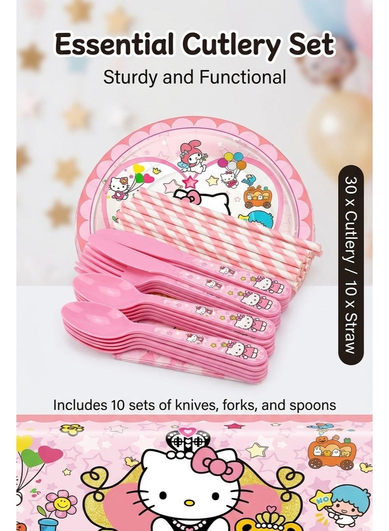 92 Pcs Lovely Cartoon Birthday Party Supplies Pink Party Decoration set including Banner Tablecloth Paper Cups Napkin Knives Forks and Spoons Straws Plates for kids teens friends women - Image 5