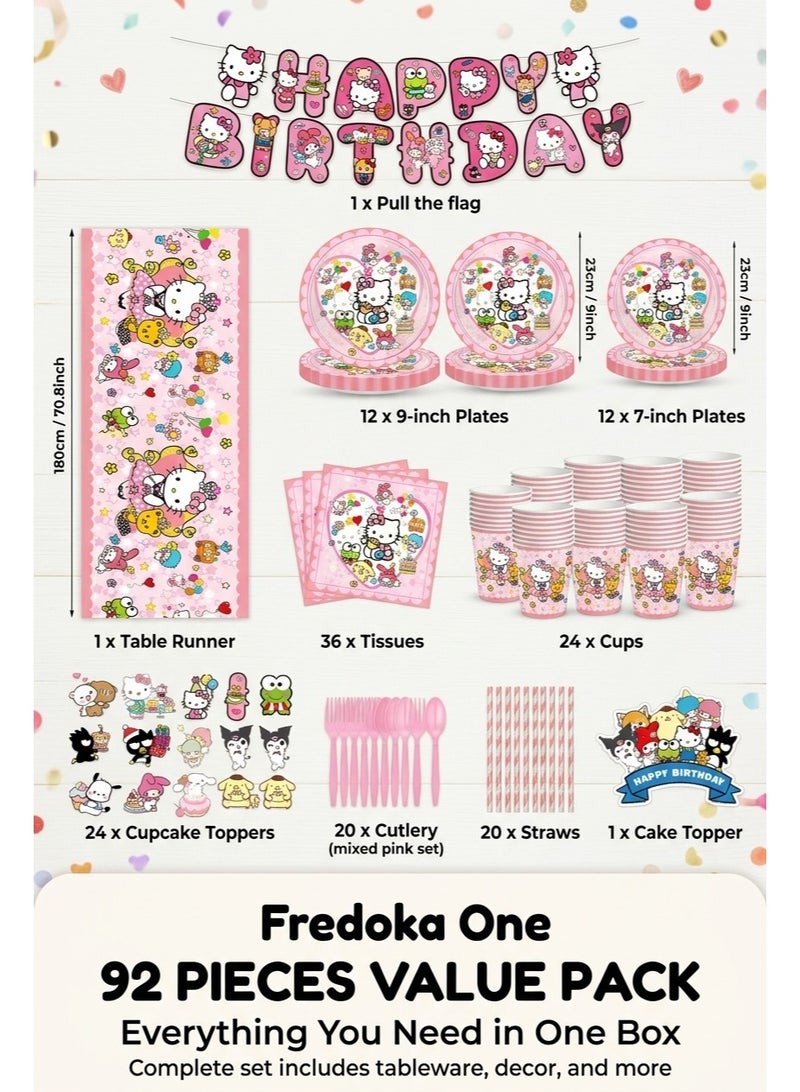 92 Pcs Lovely Cartoon Birthday Party Supplies Pink Party Decoration set including Banner Tablecloth Paper Cups Napkin Knives Forks and Spoons Straws Plates for kids teens friends women - Image 2
