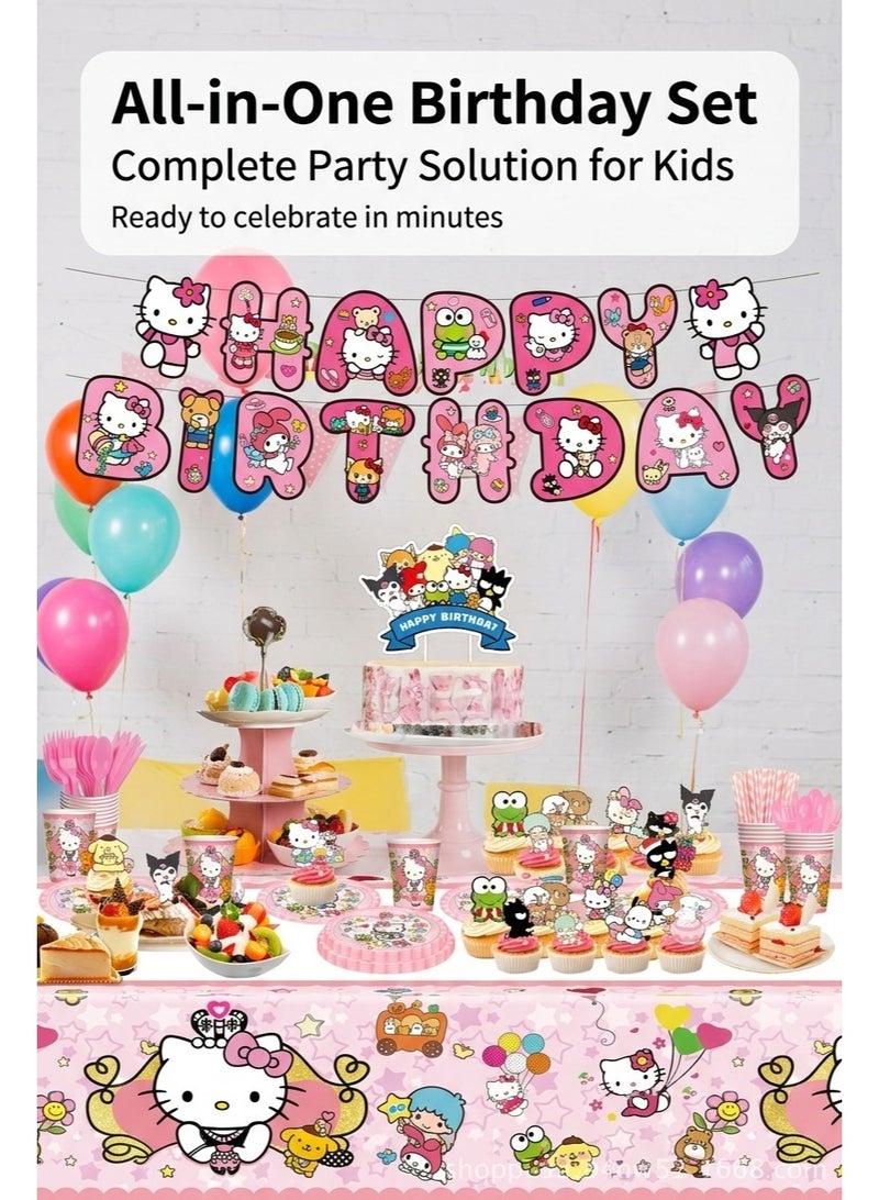 92 Pcs Lovely Cartoon Birthday Party Supplies Pink Party Decoration set including Banner Tablecloth Paper Cups Napkin Knives Forks and Spoons Straws Plates for kids teens friends women - Image 1