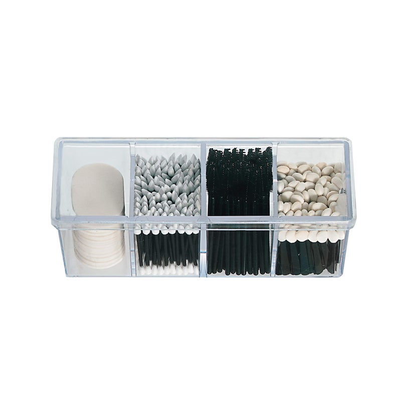 Qosmedix 4-Compartment Makeup Organizer and Storage: Transparent Multi-Functional Bathroom Closet Storage with 4 Trays and Clear Lid for Cosmetics, Cotton Balls or Sponges - Image 1