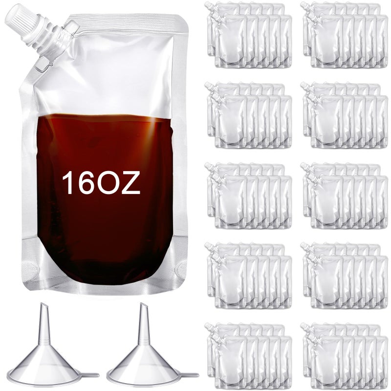 Meanplan Meanplan 100 Pcs Plastic Pouches Bulk Reusable Squeeze Pouches Clear Juice Drink Bags Leak Proof with Funnel for Adults Travel Beverage Women Men16 ozInclined Mouth