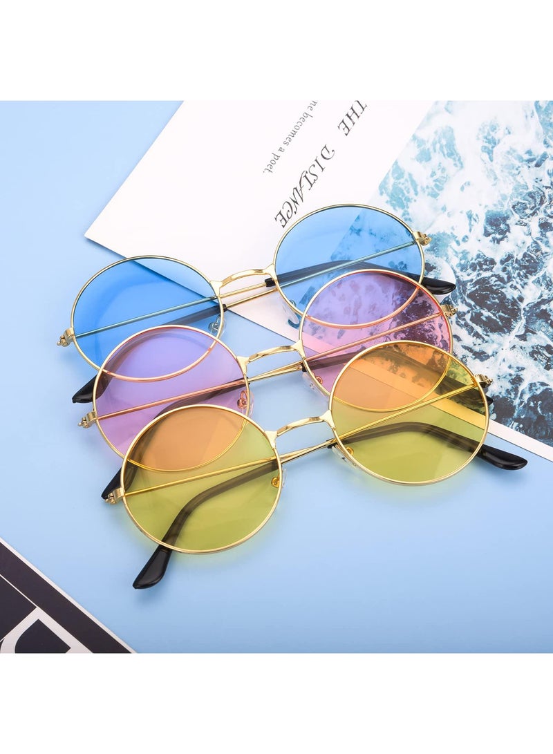 Sweet seven نظارات شمسية عتيقة هيبي - 3 عبوات - إطارات معدنية دائرية باللون الوردي والأزرق والأصفر - أسلوب الستينات والسبعينات - Image 4