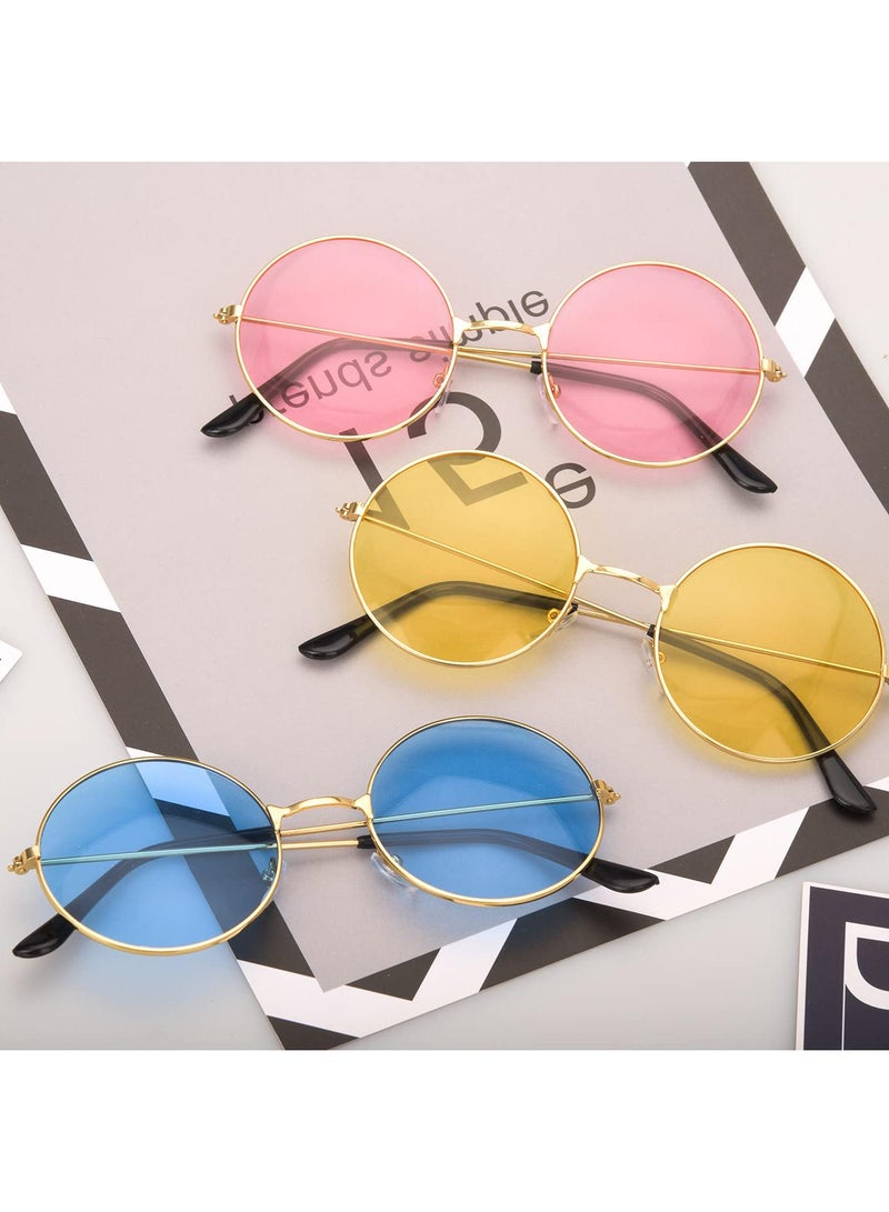 Sweet seven نظارات شمسية عتيقة هيبي - 3 عبوات - إطارات معدنية دائرية باللون الوردي والأزرق والأصفر - أسلوب الستينات والسبعينات - Image 1