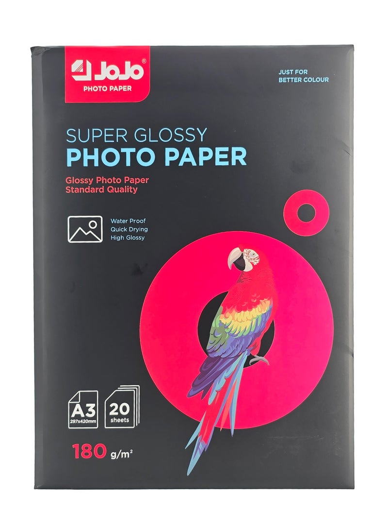 JOJO Super Glossy A3 Photo Paper, 180 GSM Premium Finish, Pack of 20 Sheets - Image 1