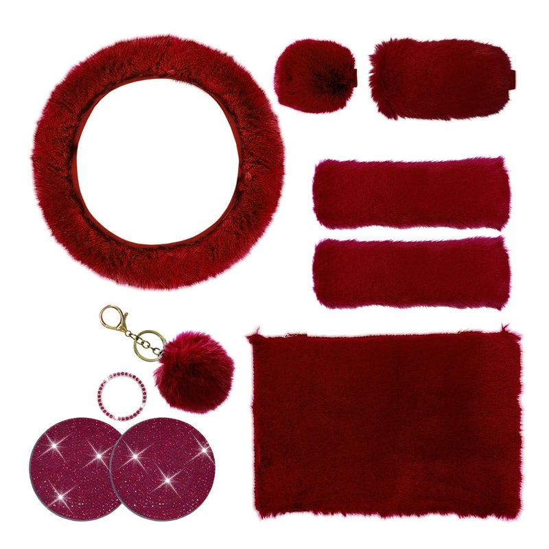 LHDOS 10PCS Fluffy Car Accessories Set Furry Steering Wheel Cover with Warm Fuzzy Gear Shift Cover Ball Keychain Handbrake Cover Console Seat Belt Shoulder Pads Diamond Ignition Ring Cup Mats Red - Image 3