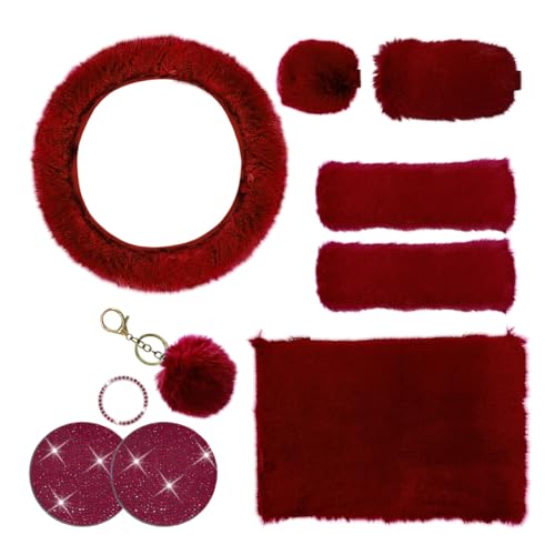 LHDOS 10PCS Fluffy Car Accessories Set Furry Steering Wheel Cover with Warm Fuzzy Gear Shift Cover Ball Keychain Handbrake Cover Console Seat Belt Shoulder Pads Diamond Ignition Ring Cup Mats Red - Image 1