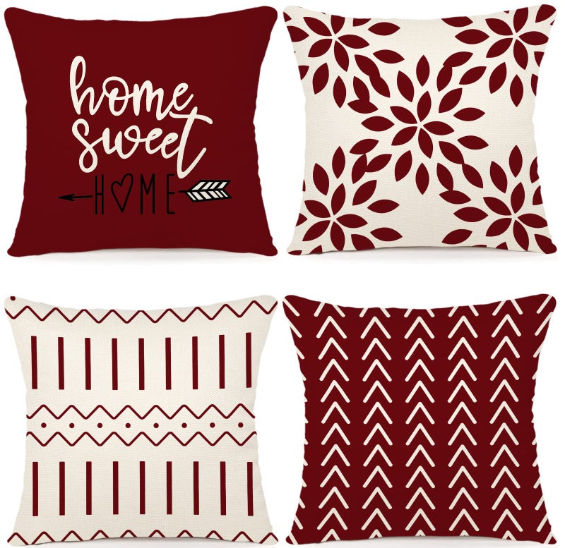 YCOLL Christmas Pillow Covers 18x18 Set of 4 Modern Sofa Throw Pillow Cover for Christmas Decor Decorative Outdoor Linen Fabric Pillow Case for Couch Bed Car Wine Red