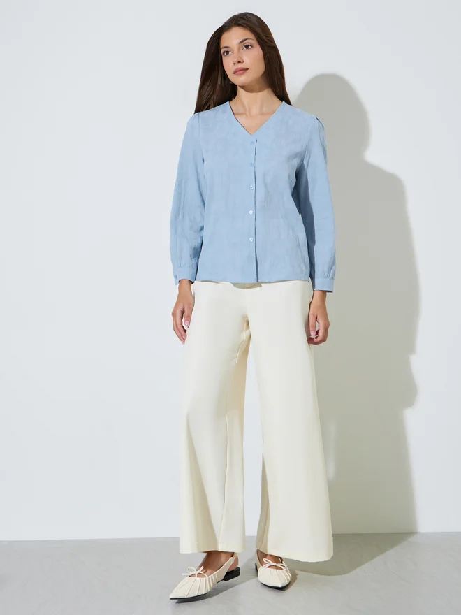 Styli Styli Blue Jacquard Casual Blouse