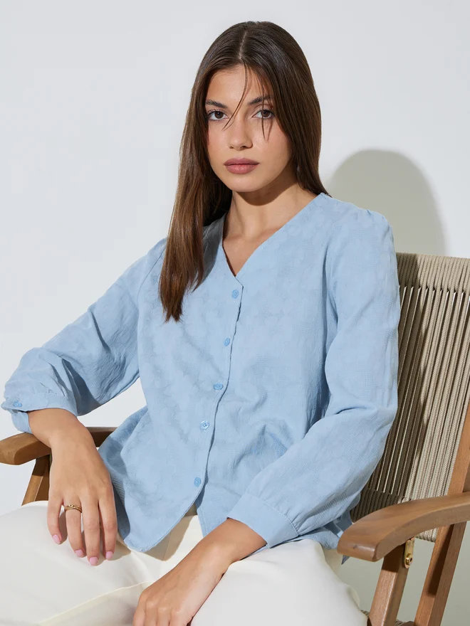 Styli Styli Blue Jacquard Casual Blouse