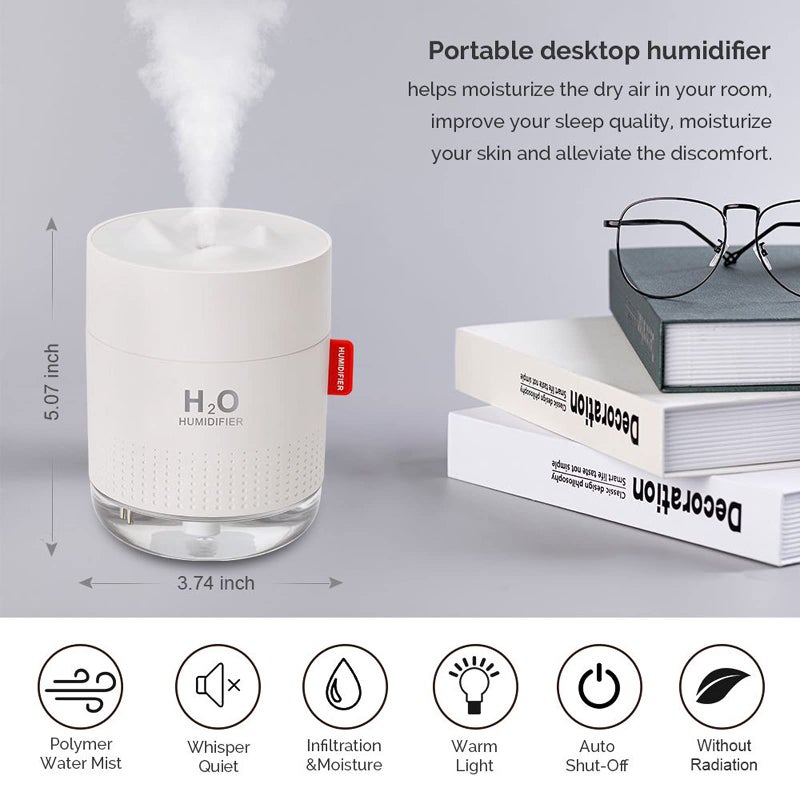 MOVTIP Portable Mini Humidifier, 500ml Small Cool Mist Humidifier, USB Personal Desktop Humidifiers for Baby Bedroom Travel Office Home, Auto Shut-Off, 2 Mist Modes, Super Quiet, White - Image 2