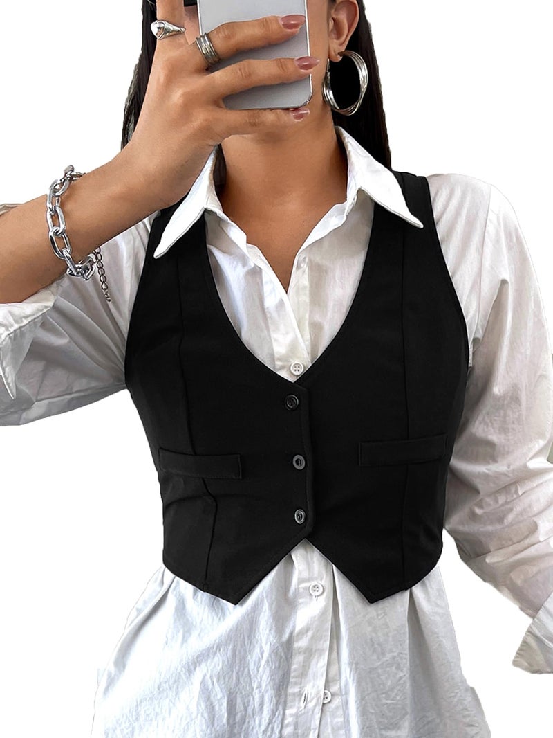 SweatyRocks سترة نسائية بدون أكمام من سويتي روكس، زر أمامي، cropped، بياقة على شكل V، بلوزات، سترة، سوداء، مقاس صغير جداً - Image 1