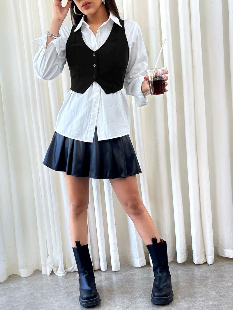 SweatyRocks سترة نسائية بدون أكمام من سويتي روكس، زر أمامي، cropped، بياقة على شكل V، بلوزات، سترة، سوداء، مقاس صغير جداً - Image 3