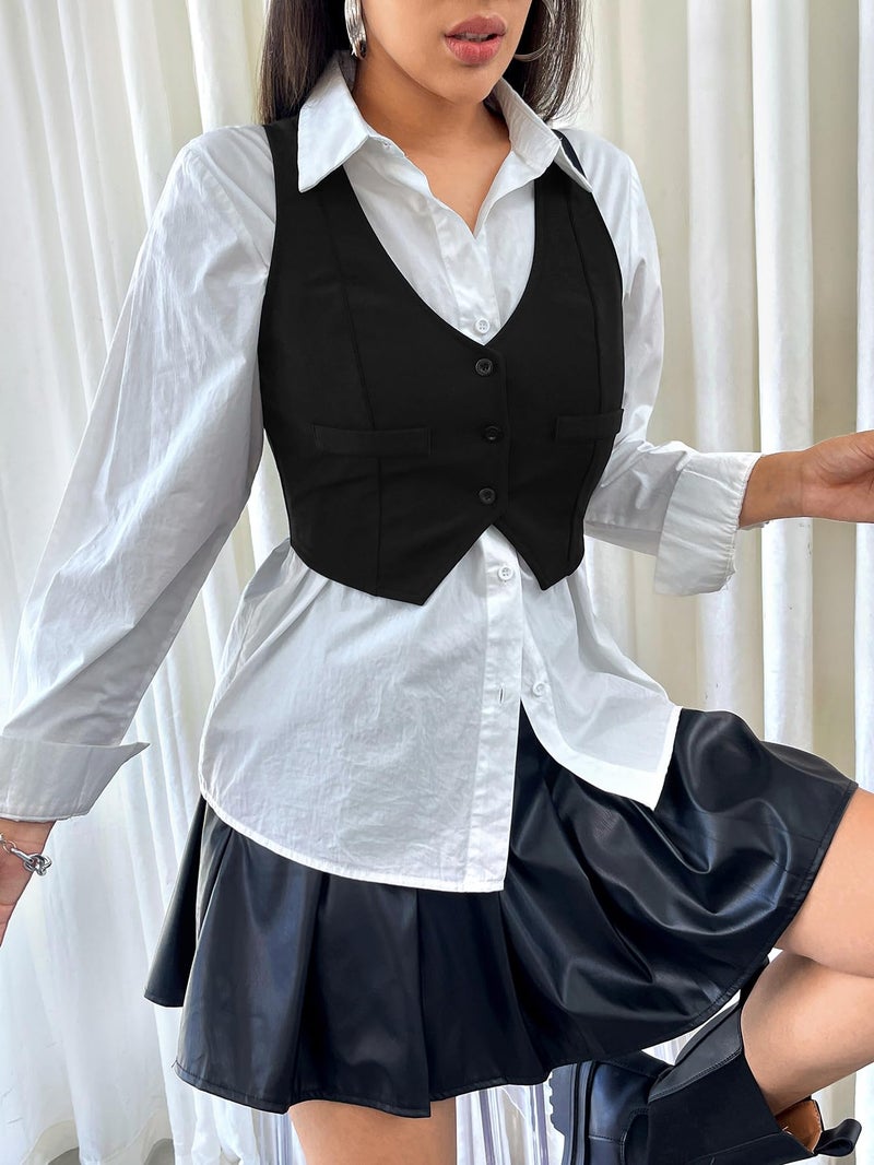 SweatyRocks سترة نسائية بدون أكمام من سويتي روكس، زر أمامي، cropped، بياقة على شكل V، بلوزات، سترة، سوداء، مقاس صغير جداً - Image 5