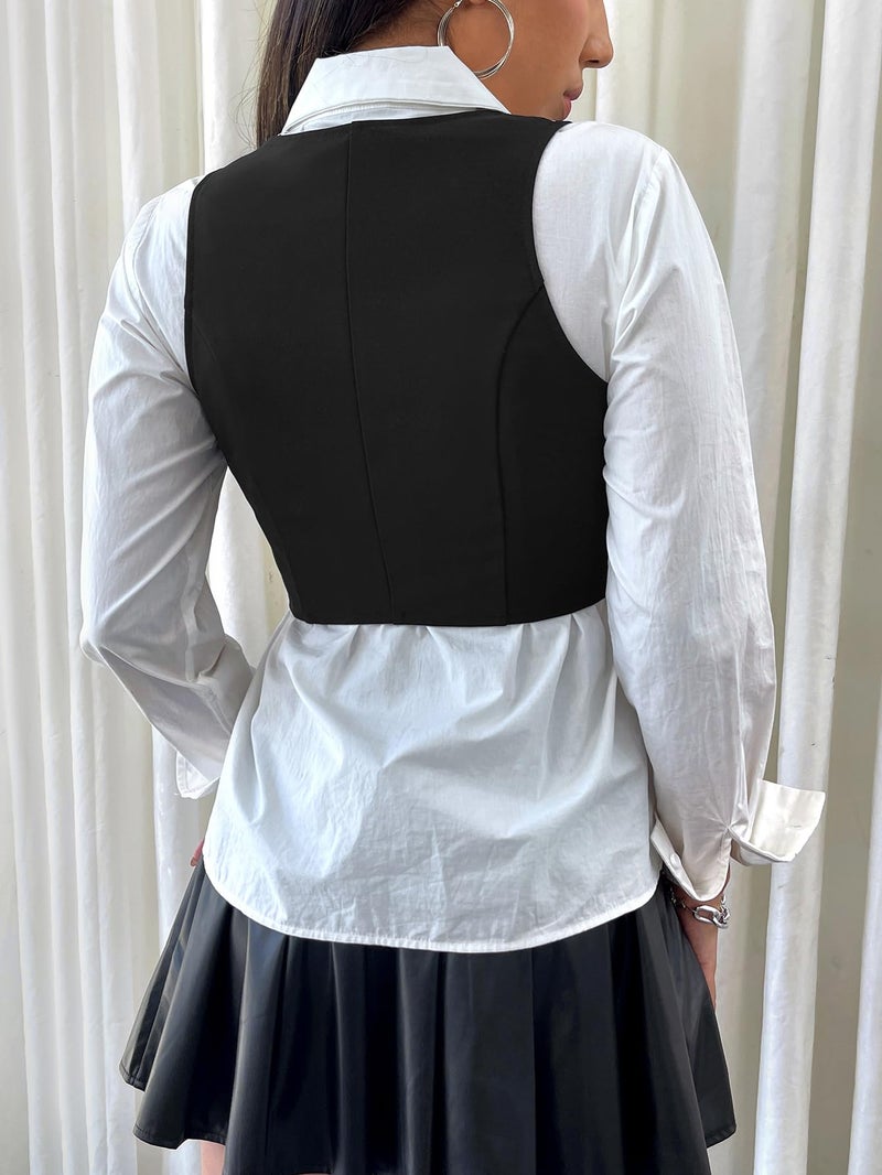 SweatyRocks سترة نسائية بدون أكمام من سويتي روكس، زر أمامي، cropped، بياقة على شكل V، بلوزات، سترة، سوداء، مقاس صغير جداً - Image 2