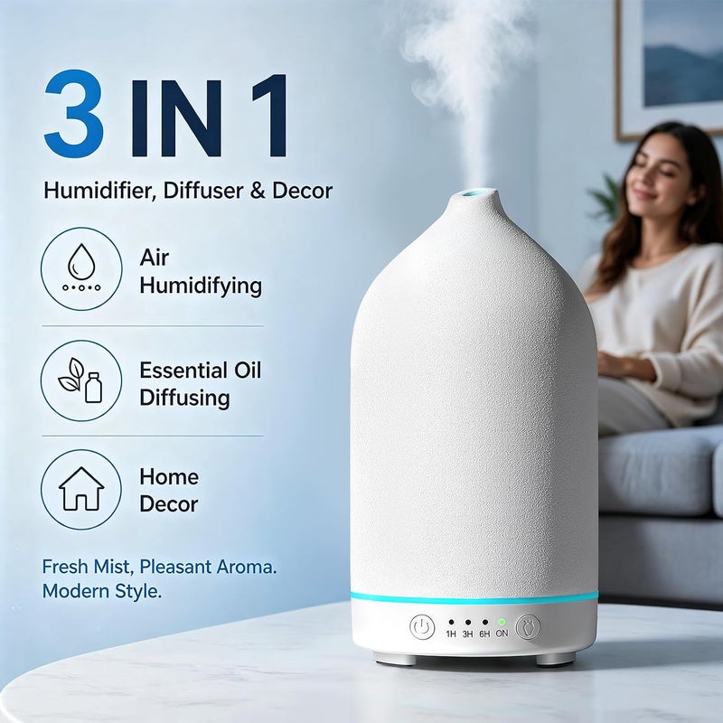 ناشر زيت عطري سيراميكي سعة 200 مل من Gooamp - موزع عطري فوق صوتي ومرطب مع أضواء LED بـ 7 ألوان، إيقاف تلقائي، TC-200ML-أبيض، مؤقت 1 ساعة/3 ساعات/6 ساعات | عطر للمنزل، المكتب، اليوغا - Image 4