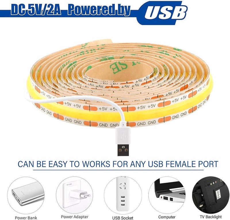 أضواء شريط LED USB 5V أبيض دافئ 5 أقدام، 480 LED شريط COB 3000K 1200 لومن، مؤشر تجسيد اللون CRI 80+ عالي، أضواء شريط LED مرنة، أضواء حبل LED مرنة للإضاءة الخلفية للتلفزيون، غرفة النوم، الخزانة، المطبخ، إضاءة DIY - Image 2