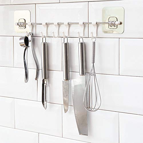 VIHAX Plastic Magic Sticker Series Self Adhesive Bathroom Towel Hanger Hook Rail/Utensil Rack (6 Hooks, 40 x 7 cm, Silver) - Image 4