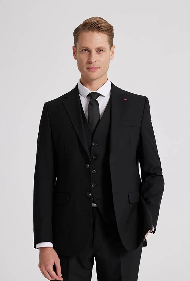 D'S DAMAT D'S Groom Slim Fit Black Mono Collar Double Slit Lined Suit with Vest 4HFY5ORT01599