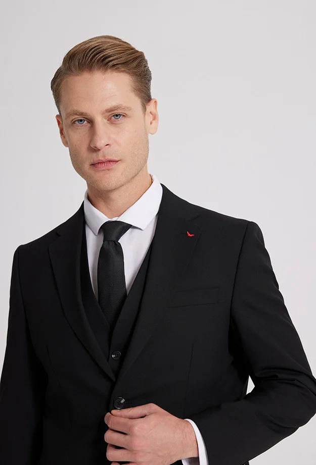 D'S DAMAT D'S Groom Slim Fit Black Mono Collar Double Slit Lined Suit with Vest 4HFY5ORT01599