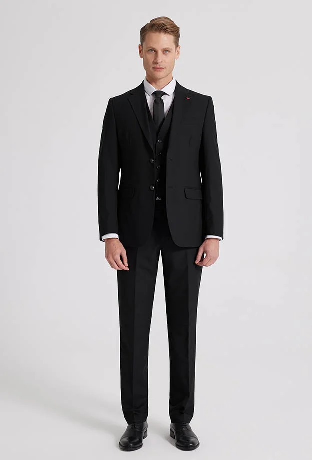 D'S DAMAT D'S Groom Slim Fit Black Mono Collar Double Slit Lined Suit with Vest 4HFY5ORT01599