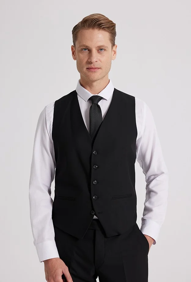 D'S DAMAT D'S Groom Slim Fit Black Mono Collar Double Slit Lined Suit with Vest 4HFY5ORT01599