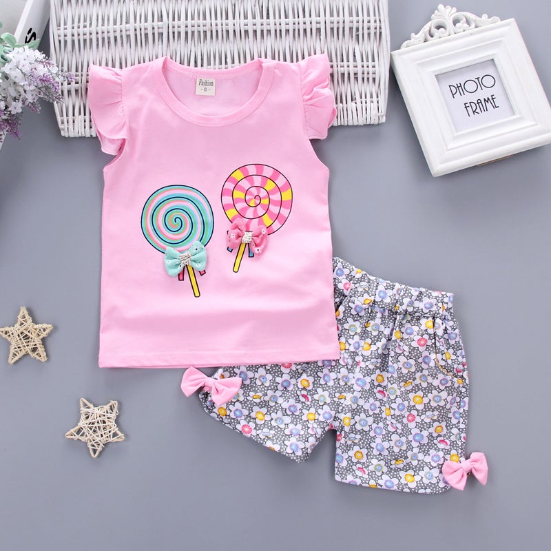 Summer small and medium-sized childrens lollipop short sleeve shorts girl baby cartoon 0-4 years old childrens suit vest suit tide Pink 