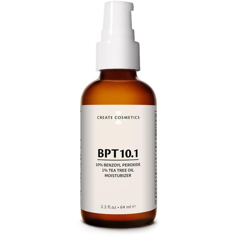مرطب علاج حب الشباب BPT10 | 10% بيروكسيد البنزيل 1% زيت شجرة الشاي | 55% عضوي 89% طبيعي | نباتي لطيف وخالي من القسوة | 2.2 أونصة سائلة