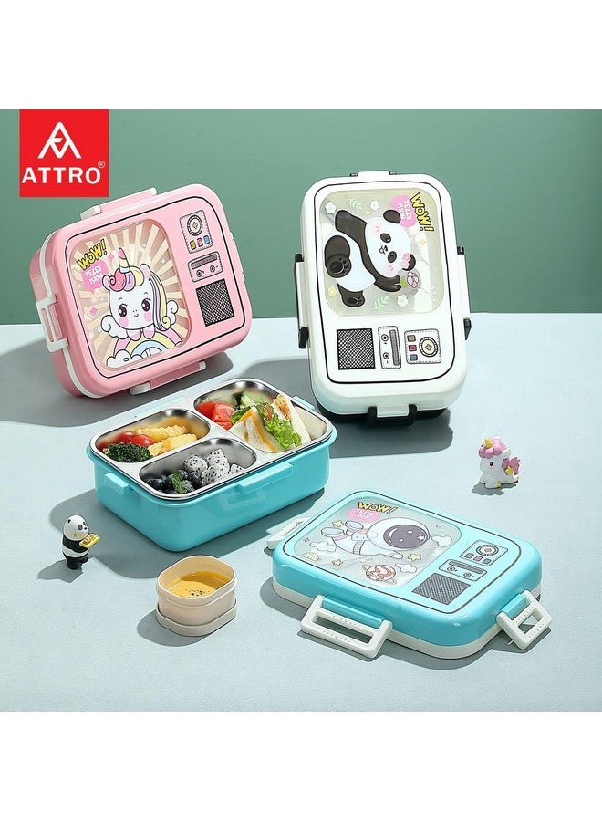 ATTRO Rock Star Unicorn Themed Kids Lunch Box with Inner Steel 3 Compartment 1 Small Container, 1 Spoon & Separate Internal Lid Leakproof- 1400ml+80ml Pink - Image 4