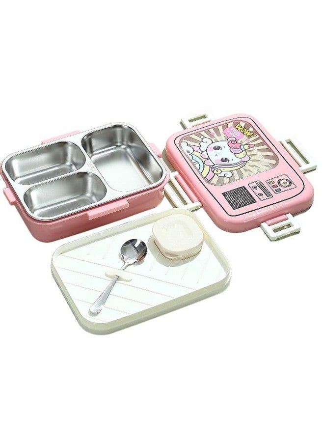 ATTRO Rock Star Unicorn Themed Kids Lunch Box with Inner Steel 3 Compartment 1 Small Container, 1 Spoon & Separate Internal Lid Leakproof- 1400ml+80ml Pink - Image 1