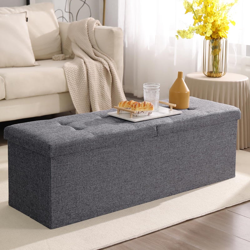 CUYOCA 45.3 Inches Storage Ottoman Bench Foldable Seat Footrest Shoe Bench End of Bed Storage with Flipping Lid, 166L Storage Space, Linen Fabric Dark Gray - Image 2