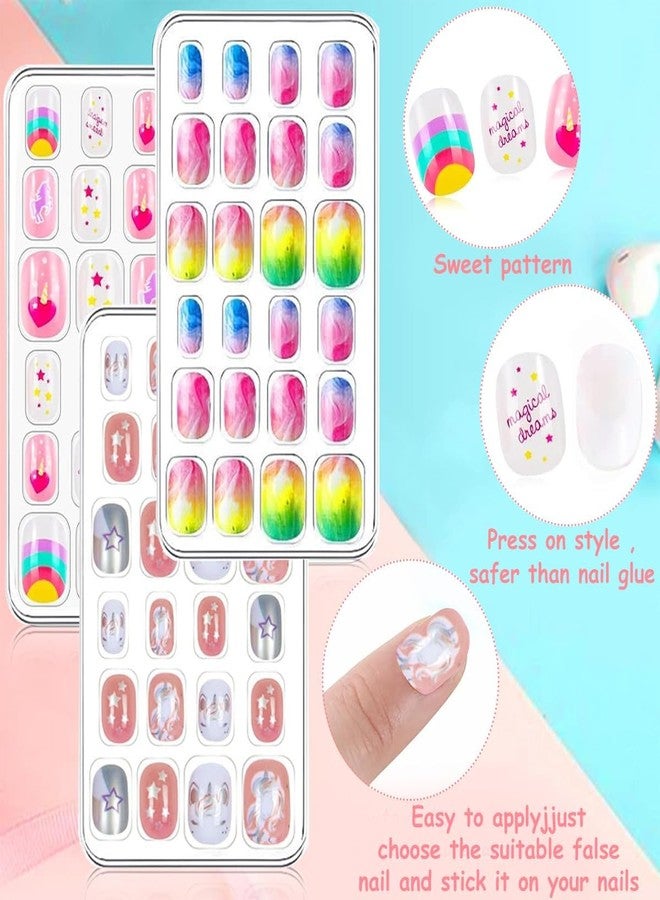 ZEELPETAL مجموعة أظافر ZEELPETAL للأطفال - أظافر صناعية أكريليك كاملة التغطية مع غراء مسبق، تصاميم متعددة لطيفة على شكل فراشة وحيد القرن متدرجة لامعة، مجموعة أظافر لاصقة متعددة الألوان للأطفال والفتيات (متعددة الألوان، 72 قطعة) - Image 3