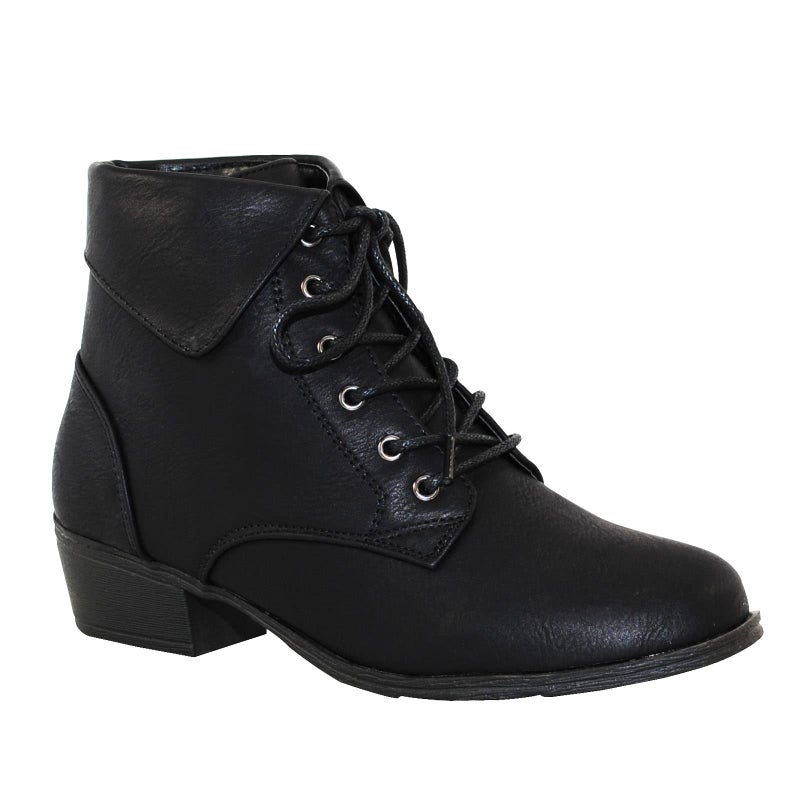 TOP Moda EC89 Women's Foldover Lace Up Low Chunky Heel Ankle Booties (7, Black) - Image 1