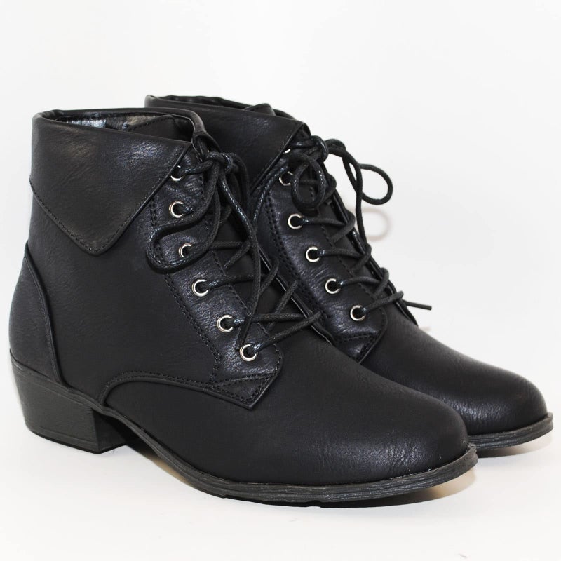TOP Moda EC89 Women's Foldover Lace Up Low Chunky Heel Ankle Booties (7, Black) - Image 3
