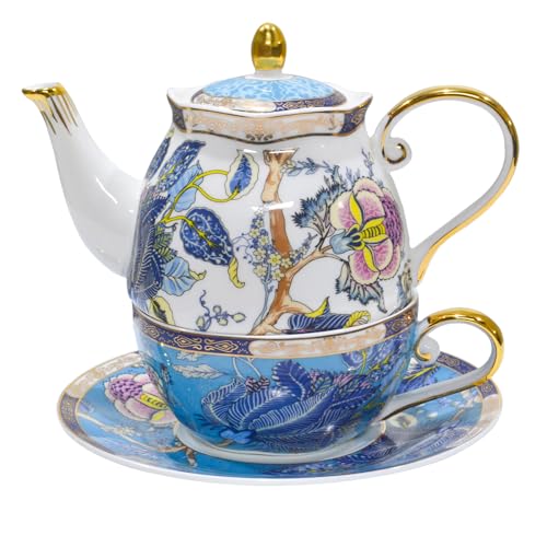 ACMLIFE Tea for One Teapot and Cup, Vintage Floral Porcelain Tea Set for One, Bone China Teapot with Cup Set, Tea Pot Gift for Women (Blue-A) - Image 1