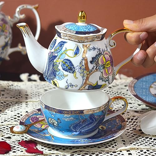 ACMLIFE Tea for One Teapot and Cup, Vintage Floral Porcelain Tea Set for One, Bone China Teapot with Cup Set, Tea Pot Gift for Women (Blue-A) - Image 2