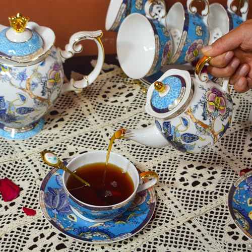 ACMLIFE Tea for One Teapot and Cup, Vintage Floral Porcelain Tea Set for One, Bone China Teapot with Cup Set, Tea Pot Gift for Women (Blue-A) - Image 3