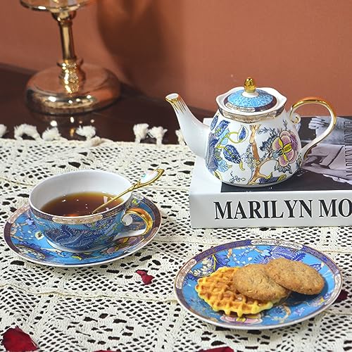ACMLIFE Tea for One Teapot and Cup, Vintage Floral Porcelain Tea Set for One, Bone China Teapot with Cup Set, Tea Pot Gift for Women (Blue-A) - Image 4