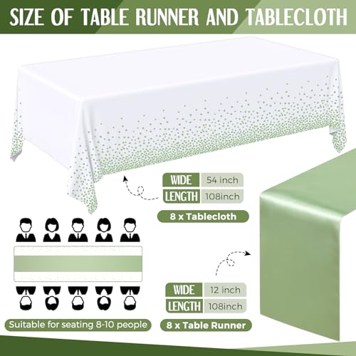 Tudomro 16 Pcs White and Sage Green Disposable Plastic Tablecloths and Satin Table Runner Set 54x108 Inch Tablecloth 12x108 Inch Table Runners for New Year Wedding Birthday Baby Shower Graduation - Image 3