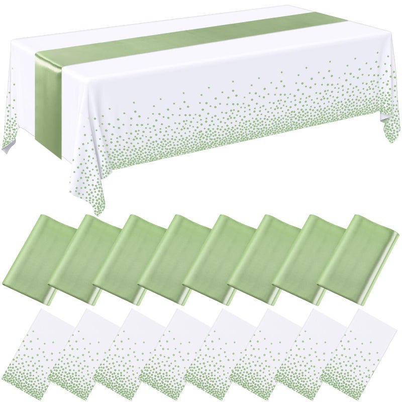 Tudomro 16 Pcs White and Sage Green Disposable Plastic Tablecloths and Satin Table Runner Set 54x108 Inch Tablecloth 12x108 Inch Table Runners for New Year Wedding Birthday Baby Shower Graduation - Image 2
