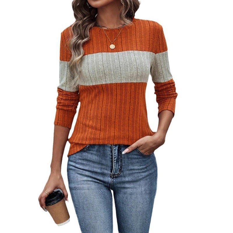 Women'S Clothing 2025 Spring New Temu Independent Station Casual Color Matching Pit Strip T-Shirt Crew Neck Women - Image 4
