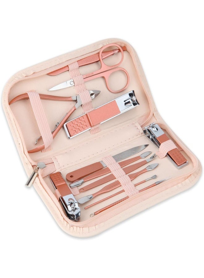 Portable Nail Clipper And Beauty Tool Set, Rose Gold Stainless Steel 12-In-1 Nail Art Set, Comes With A Pink Leather Bag, Suitable For Home, Workplace, Outdoor Travel, Gifting, And Beauty Salons. - Image 1