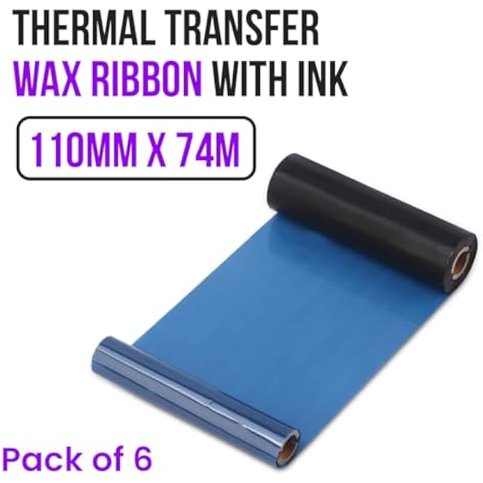 6 ROLLS  110MM X 74M TRANSFER WAX RIBBON FOR BARCODE PRINTERS WITH INK  COMPATIBLE WITH ZEBRA, ELTRON, DATAMAX AND MOST THERMAL TRANSFER PRINTERS  BLACK BARCODE RIBBON ROLL - Image 2