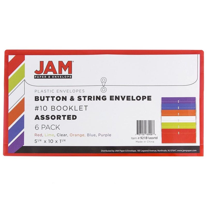 JAM PAPER Plastic Envelopes with Button & String Tie Closure - #10 Business Booklet - 5 1/4 x 10 - Assorted Colors - 6/pack - Image 2