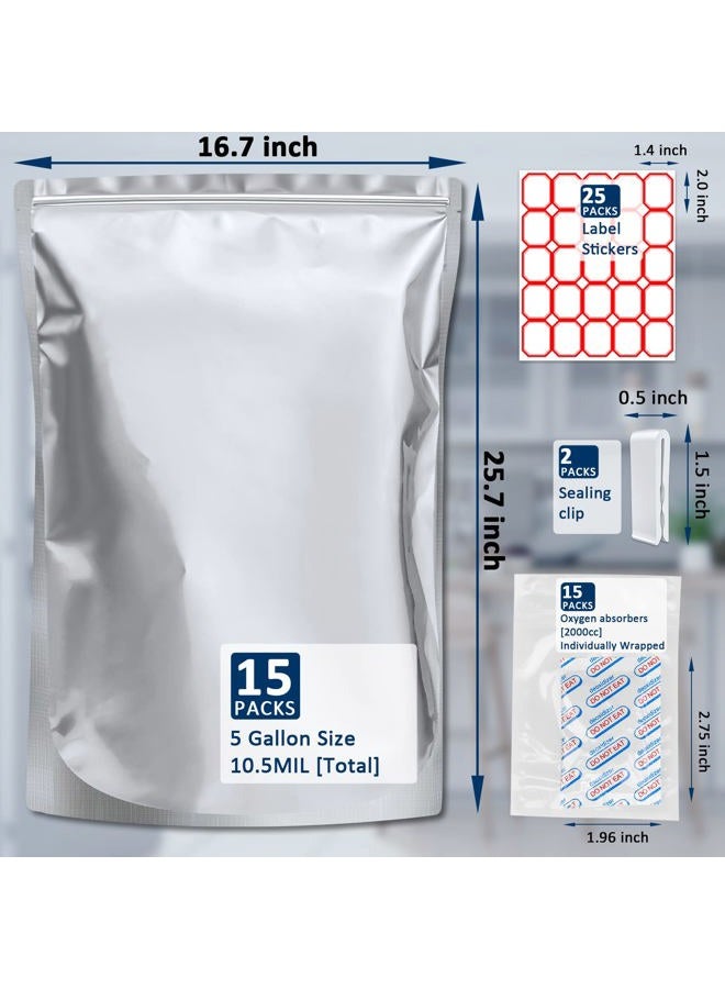 Sukerle 15 Pack 5 Gallon Mylar Bags with Oxygen Absorbers - 10.5 Mil Mylar Bags for Food Storage with 15 Single Sealed 2000cc Oxygen Absorbers & Labels & Clips - for Long Term Food Storage - Image 2