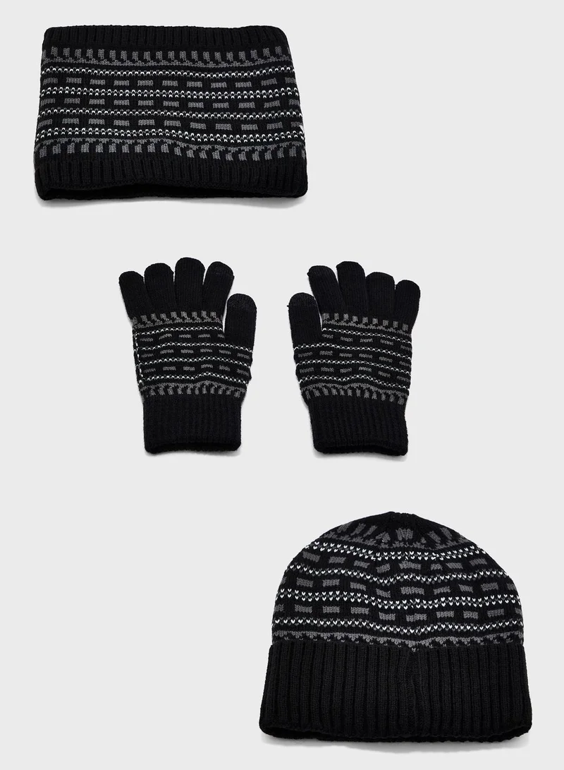 Seventy Five Casual  Knitted Winter Beanie , Glove & Snood Set