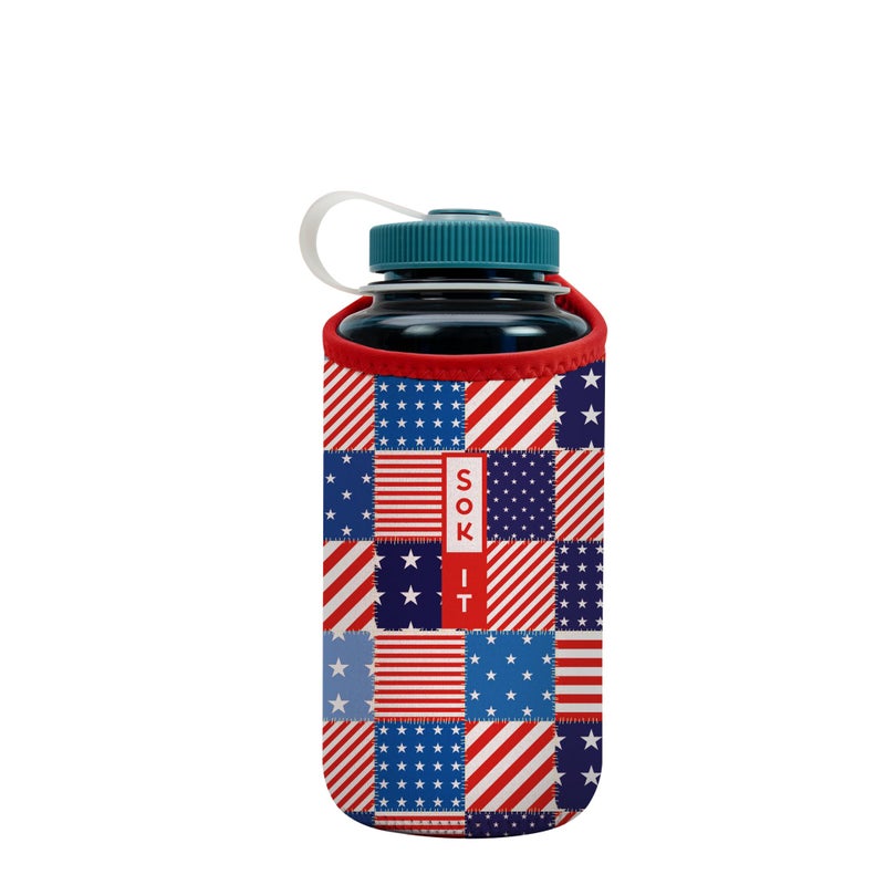 Sok It BotlSok Water Bottle Sleeve Insulated Neoprene Cover (Patriotic Patchwork, Fits 32oz Nalgene)