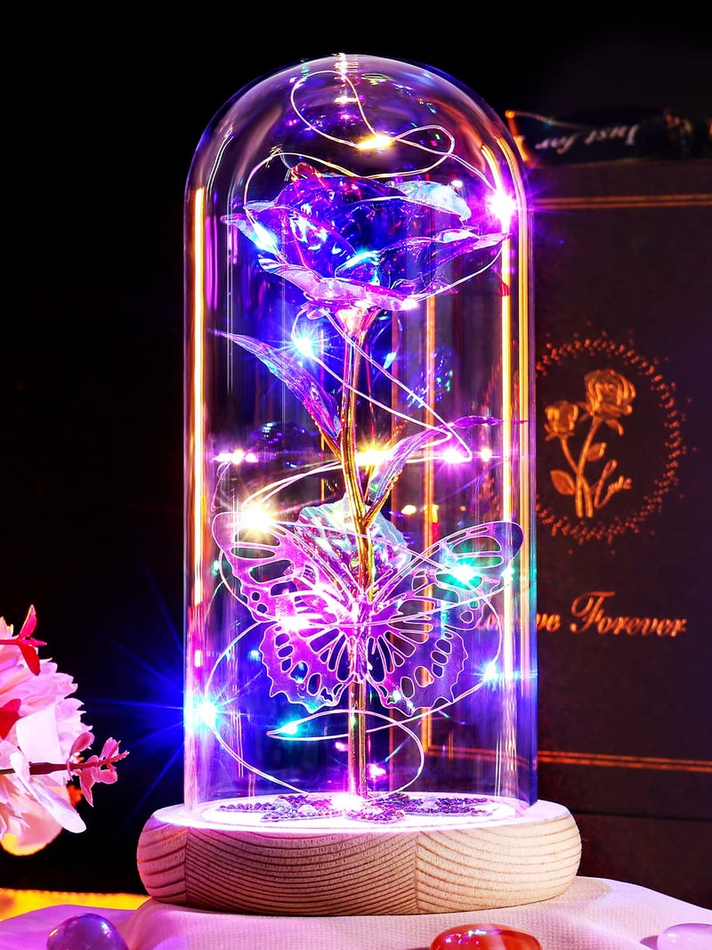 Beferr Beferr Gifts for Women Mom Birthday Gifts Galaxy Rose Eternal Colorful Rainbow Flower Gifts Light Up Rose in Glass Dome Mothers Day Rose Gifts for Grandma Daughter Wife Sister Friends Purple - Image 1