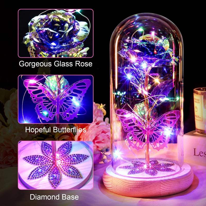 Beferr Beferr Gifts for Women Mom Birthday Gifts Galaxy Rose Eternal Colorful Rainbow Flower Gifts Light Up Rose in Glass Dome Mothers Day Rose Gifts for Grandma Daughter Wife Sister Friends Purple - Image 2